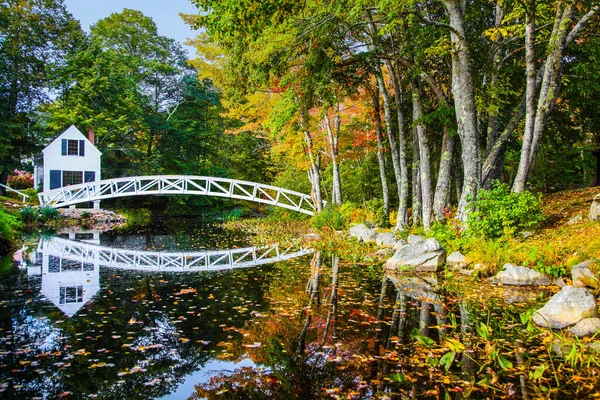 White Footbridge Reflecting Water Colorful Autumn Foliage Stock Photo