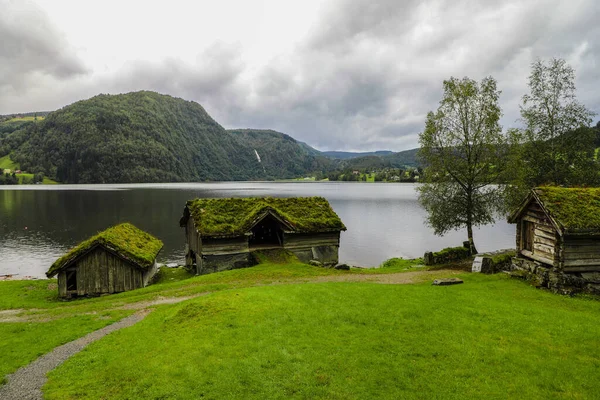 Παραδοσιακά Σπίτια Χλοοτάπητα Στη Νορβηγική Λίμνη — Φωτογραφία Αρχείου