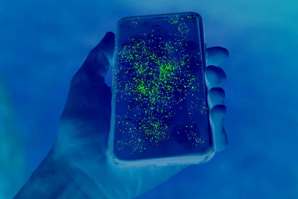 Dirty Mobile Phone Screen Invisible Germs Shown Green Contrast Stock Image