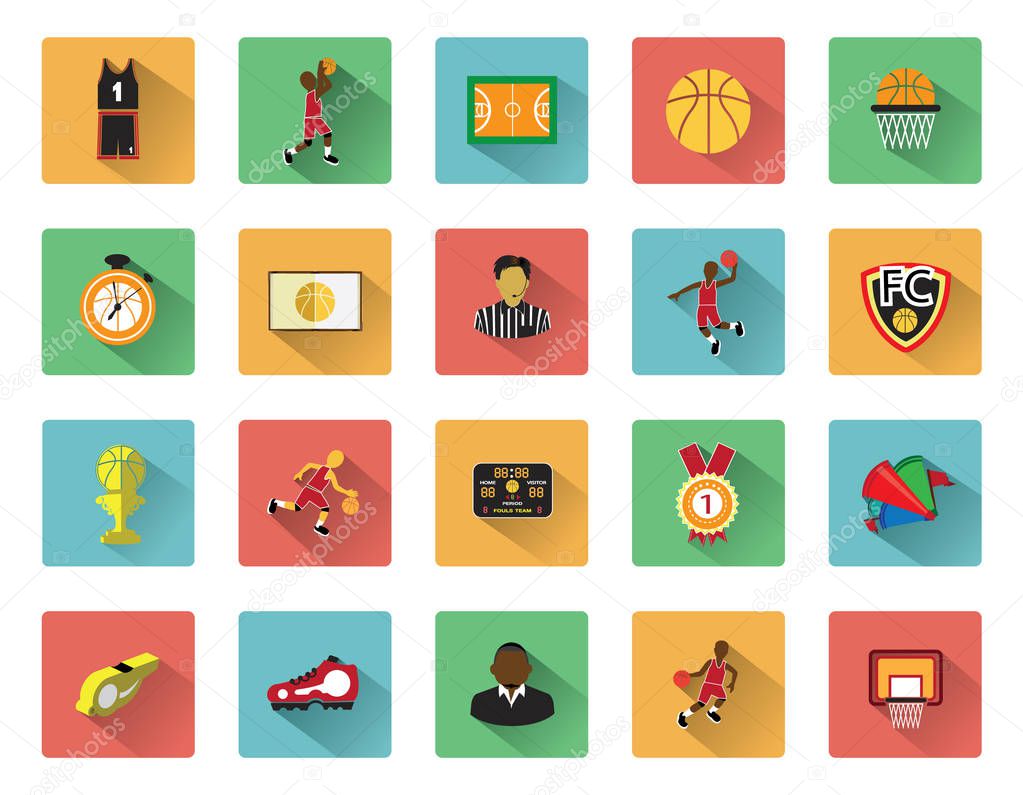 Modern flat Basketball icons set with long shadow effect