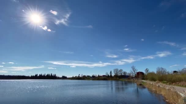 vue panoramique sur le lac bleu clair. il y a de petits nuages dans le ciel bleu clair. le soleil se couche. sur le rivage au loin, vous pouvez voir des maisons 
