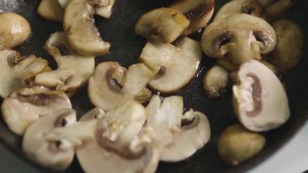 Kawałki grzybów smażone są na patelni — Wideo stockowe