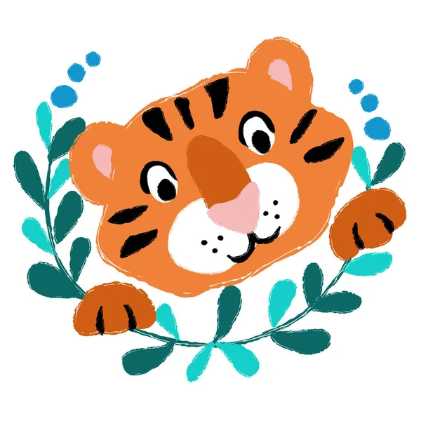 Vecteur tigre ourson tête de bébé animal sauvage avec couronne de fleurs dessin animé mignon carte enfantine textile conception de papier — Image vectorielle