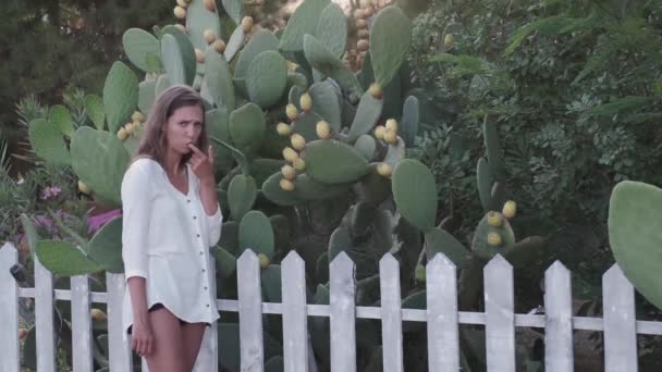 Junge Frau Berührt Einen Kaktus Mädchen Weißer Bluse Sticht Sich — Stockvideo