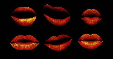 Kadının dudak ayarlayın. Kız ağız farklı duygular ifade kırmızı ruj makyaj ile kapatın. Ağız diş, gülümseme, siyah arka plan üzerine izole dil ile. Farklı ifadelerde toplama