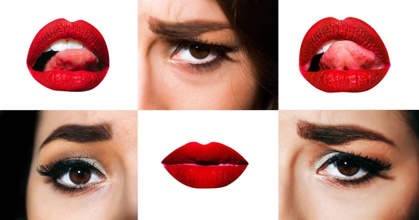 目、唇、少女の舌。女性の顔の感情的な部分が。メイクアップ、赤い口紅で口、マスカラーと影の目と顔に感情。白い背景に分離された創造的なセット — ストック写真