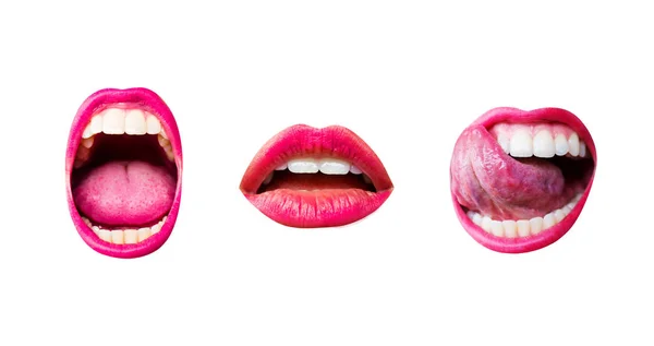 Zestaw trzech sexy kobieta usta z różnych emocji na białym tle. Wargi, język i zęby, Dziewczyna z różowa szminka. Creek, pragnienie i pasja kobieta usta — Zdjęcie stockowe
