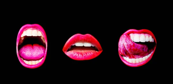 Set of three sexy female lips with different emotions isolated on black background. Lips, tongue and teeth of a young girl with a pink lipstick. Creek, desire and passion through the female\'s mouth