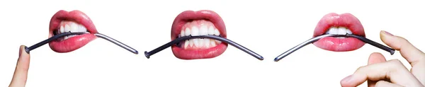 Pregos de metal na boca da fêmea com batom rosa isolado no fundo branco. Jovem com dentes brancos belos unhas mordendo. Conjunto de fotos com boca isolada com unhas — Fotografia de Stock