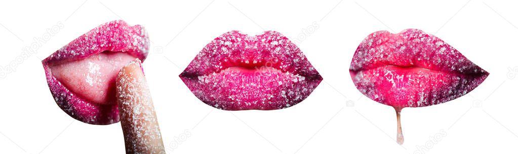 Sweet set of sugary lips collage design isolated on black background. Girl's mouth with sugar and finger nicely manicured. Closeup on female sugar lips scrub