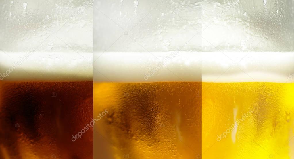 Assorted Beers with three main types of beer - classic light, classic white and dark beer. Set of beer in glasses close up. Three glasses with different beers types cold and foaming