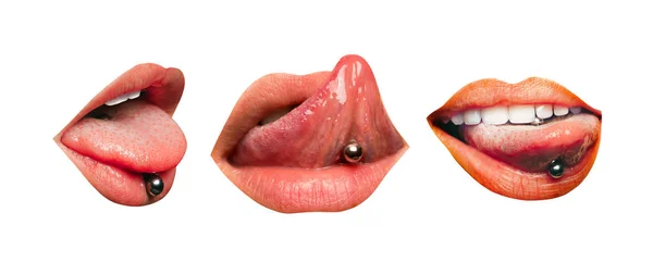 Készlet három női ajkak elszigetelt fehér background nyelv piercing. A lány érzéki száj, fel és le, mutatja ékszerek fülbevaló fehér fogak, és a természetes rúzs a szája tongue — Stock Fotó
