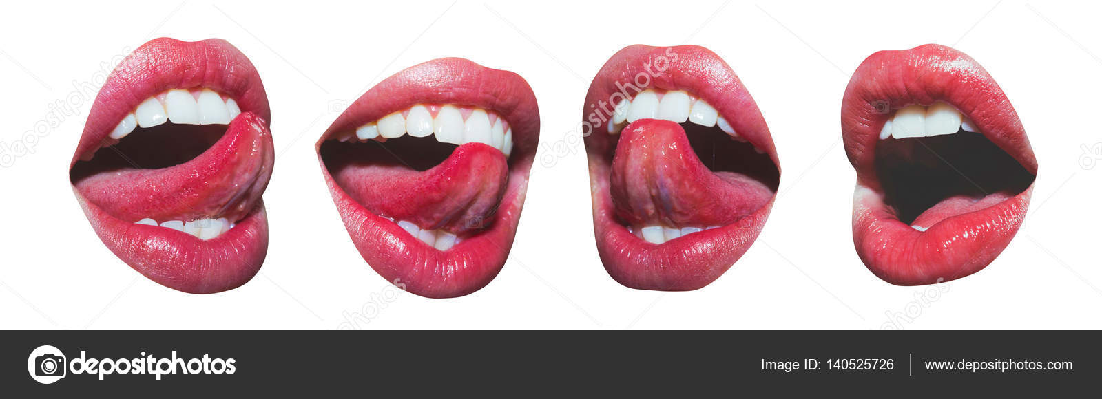 Tongue And Sexy Female Lips With Pink Lipstick Set Of