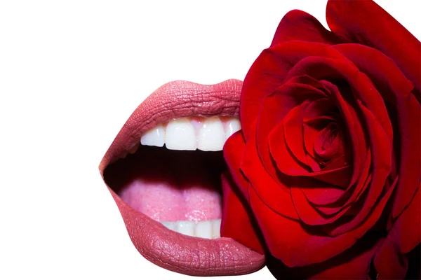 Sexy lippen met roze matte lipstick en rode roos close, lip balsem voor bescherming. Natuurlijke cosmetica en verzorging van de lippen, de salon van de schoonheid. Sensuele vrouwelijke mond en rode bloem geïsoleerd op witte achtergrond — Stockfoto