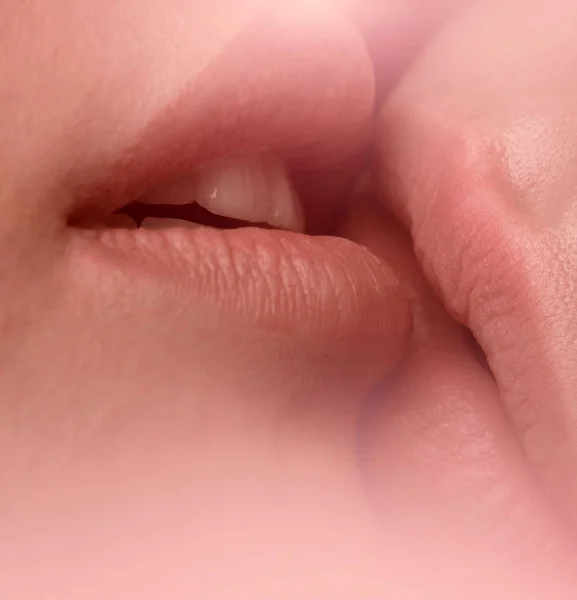 Homosexuality Tender kiss of two Lesbians. Closeup of pair women mouths kissing. Two girls with soft tender sexy mouths kissing closeup. Tender kisses of two lips of women — Stock Photo, Image