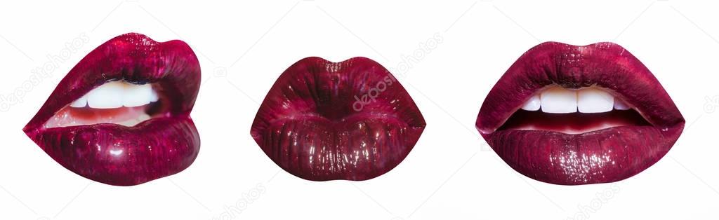 Set of three luxury lips with glossy lipstick close up isolated on white background. Shiny lips of girl with white teeth and pink tongue. Dark red lipstick and sexy kiss. Open and closed sensual mouth