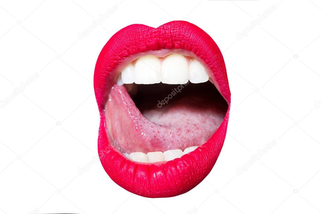 Sexy mouth with pink lipstick, white teeth, seductive tongue, open lips. Lips icon. Cosmetics for women's lips