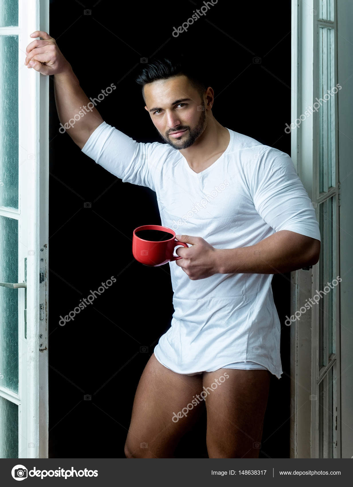 Morning Coffee Attractive Man In Underwear With Cup Of