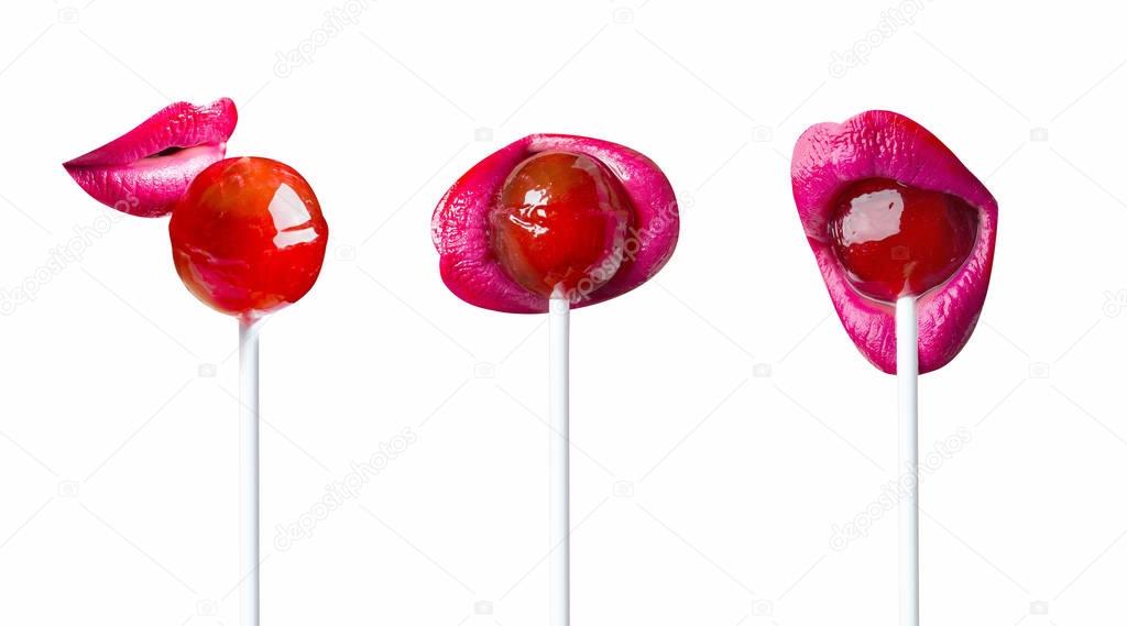 Close up lips with lollipop isolated on white background Close up lips with lollipop isolated on white background