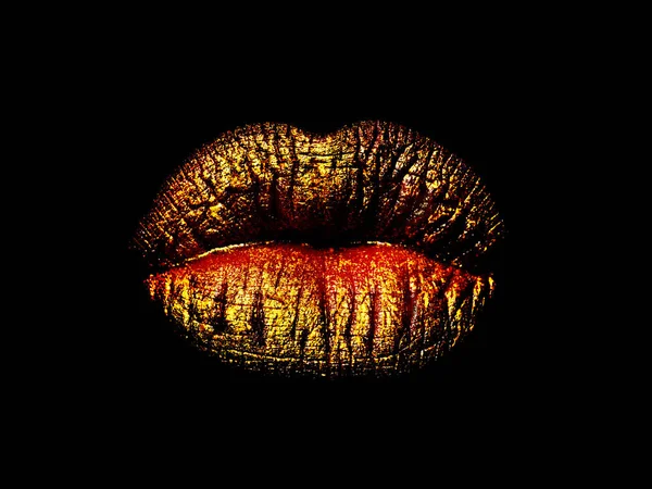 Golden lips on black background. Lipstick made of gold for women's beautiful lips — Stock Photo, Image