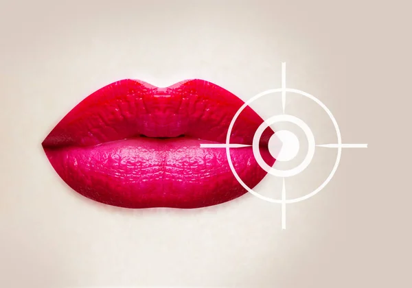 Sick lips, disease, herpes virus, affected lip balm, cure for herpes. Crack on the lips. Sexy lips with pink lipstick isolated on white background. Women's lips hurt. Red lipstick on lips — Stock Photo, Image