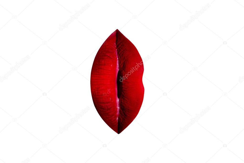 Women's vagina or labia sexy concept from lips with make-up. Vertical lips with red lipstick related to sensual female sex organs. Beauty Cosmetics for luxury woman. Gynecology and gynecologist