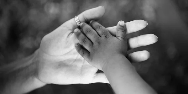 성인의 손에 어린이 손을. 신뢰와 육아와 어린 시절의 기쁨에 대 한 흑인과 백인 사진 — 스톡 사진