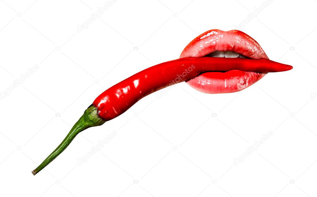 Lips with pepper. Sharp paprika in female mouth with red lipstick. Woman eating spices. Woman with hot pepper. Thrill. Hungarian paprika in sensual sexy mouth. Female teeth bite red pepper. Red Hot