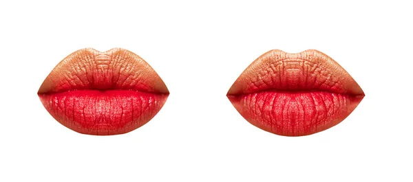 红红的嘴唇理想的形式，集两个女人的嘴，性感的双唇吻上的口红印。妇女的化妆品。嘴唇的广告孤立的白色背景。性感的吻。女孩的嘴关在以红色唇膏化妆 — 图库照片