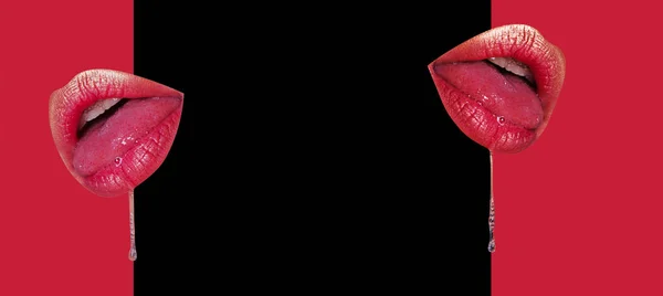 Sensual mouth on black and red background. Female mouth with saliva. Set from female lips. Open mouth with red lipstick and saliva. Teeth of young girl with braces. Sexy lips