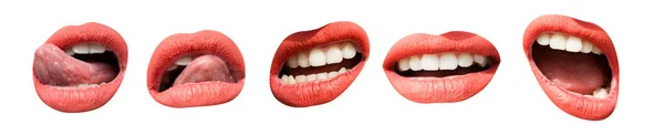 嘴唇和舌头性感。一套的妇女的嘴唇上面用红色的口红。集合的嘴唇和张开的嘴。调色板的情绪特写。妇女的嘴唇的种类繁多。美丽的女性嘴唇集合在白色 — 图库照片