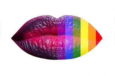 Lips LGBT. LGBT Lesbian Gay Bisexual Transsexual Rights. Rainbow flag painted on female lips background texture. Fashion and cosmetics. Gay and lesbian icon. Sexy Lipstick for a Homosexual Kiss