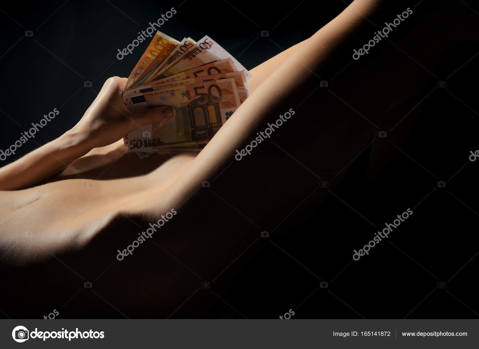 1600px x 1168px - Money euro notes in hand of naked girl. Sex for money. Prostitute and sexy  business. Porn