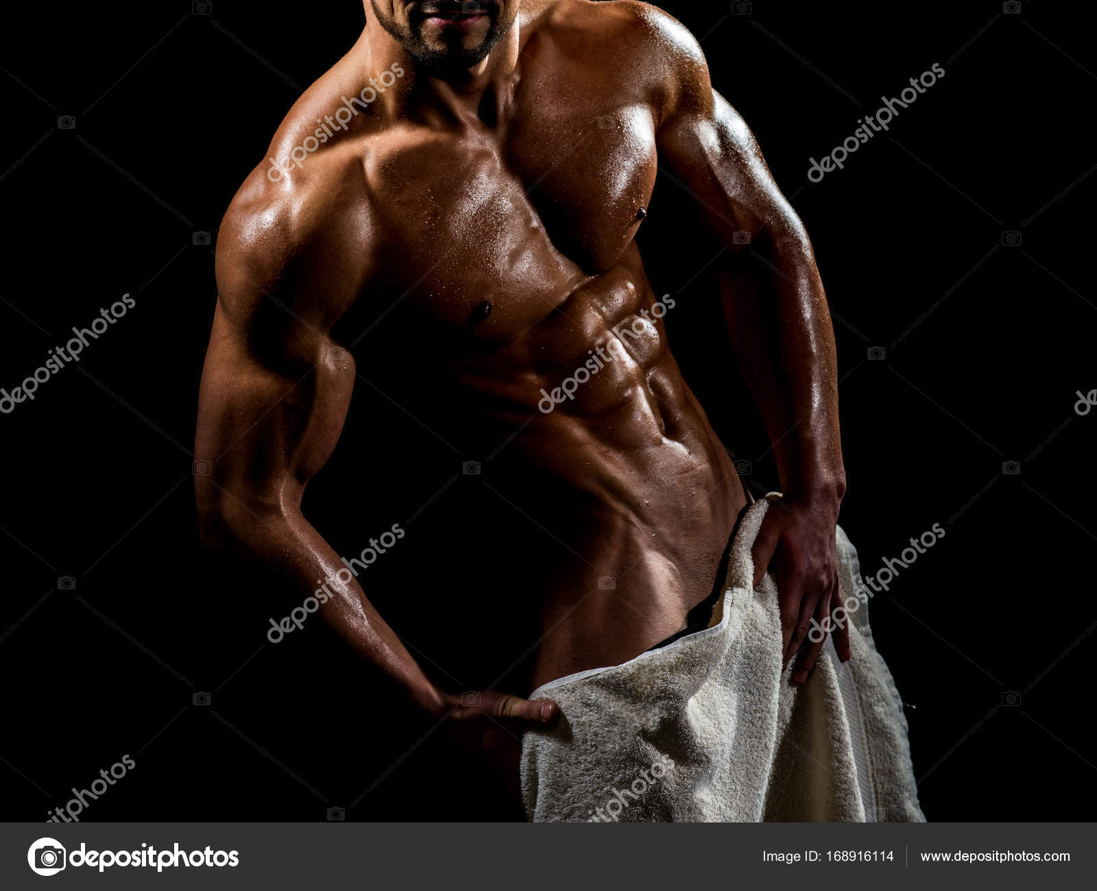 Naked male body with towel, sexy guy covered genitals with white towel in  shower. Athlete ideal body, lover. Man bodybuilder torso. Muscular guy  athletic, biceps, shoulders, chest, abs, six pack Stock Photo