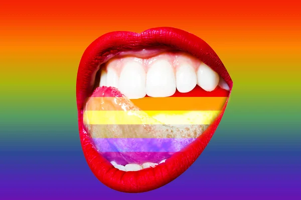 Rainbow tongue in sexy glamour mouth between lips. Homosexual symbol inside female mouth. Girl lesbian sensually licks white beautiful teeth close up isolated on white background