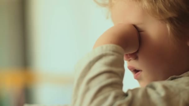 Sleepy Baby Boy Close Wants Sleep Touches His Eyes Portrait — Stock Video