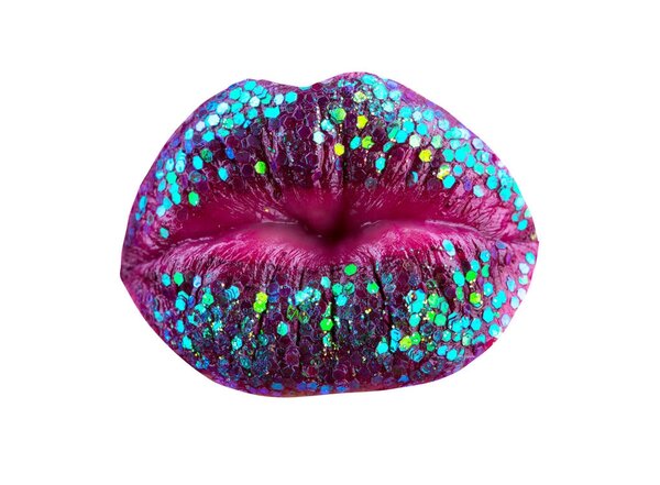 Sexy Kiss. Bright sparkles on luxury glamour lips. Young attractive woman lips kissing isolated on white background. Firmly closed lips in a kiss with purple and pink lipstick and bright blue sparkle