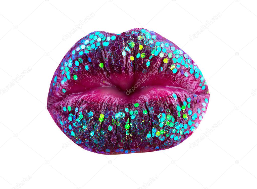 Sexy Kiss. Bright sparkles on luxury glamour lips. Young attractive woman lips kissing isolated on white background. Firmly closed lips in a kiss with purple and pink lipstick and bright blue sparkle
