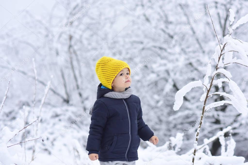 Cute little boy, kid in winter clothes walking under snow. Child in blue jacket and yellow hat walks in snow-covered forest, listens to sounds of nature. Bright clothes for children. Beautiful child