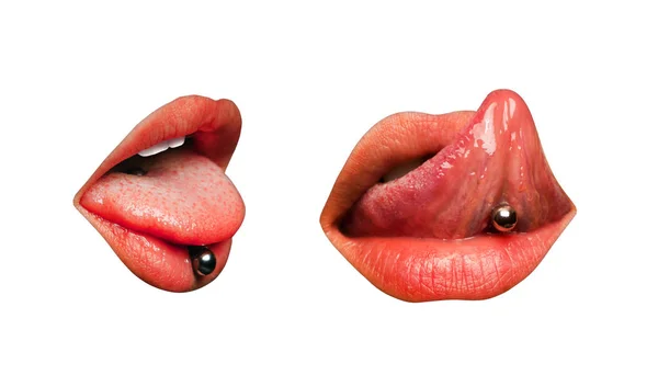 Kvinnliga mun med naken make up isolerade på vit bakgrund. Kvinna tungan med piercing. Förförisk ställa munnen av kvinnlig modell utan naken gör. Flicka försöker örhänge i sexig tungan. Tjej örhänge — Stockfoto