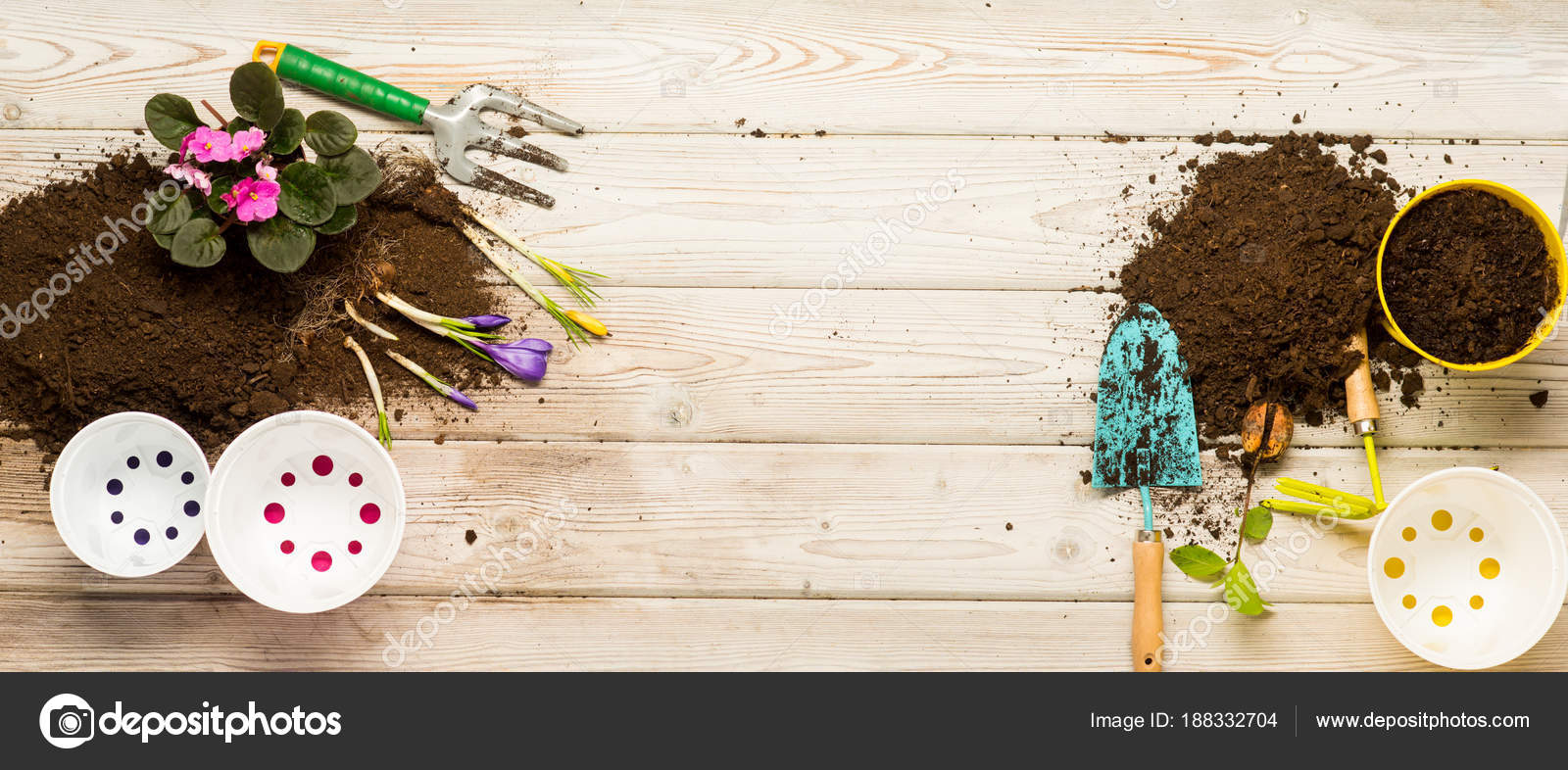 Gardening Earth And Flowerpots On Wooden Background Spring