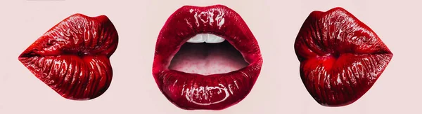 Woman's lip set kiss. Girl mouth close up with red lipstick makeup expressing different emotions. Mouth with teeth, smile, tongue isolated on pink violet background. Collection different expressions