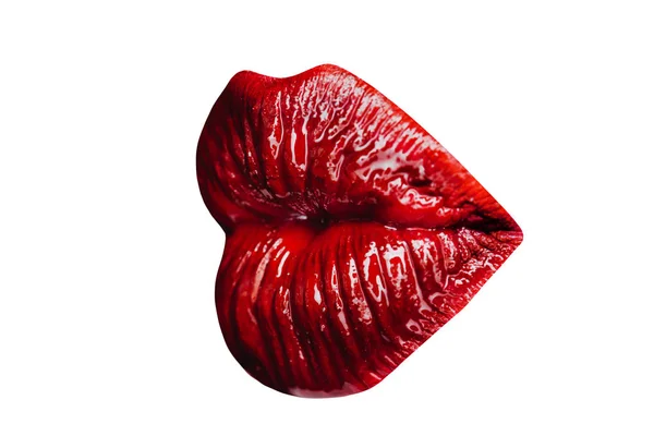 Kusslippen sinnlich isoliert auf weißem Hintergrund. roter sexy Lippenstift, glänzende Lippen. Ikone weiblicher Lippen. sexy sinnliche rote Lippe, Mund in Nahaufnahme. große Lippen, heller Lippenstift. prächtiger roter Lippenstift Mädchen — Stockfoto