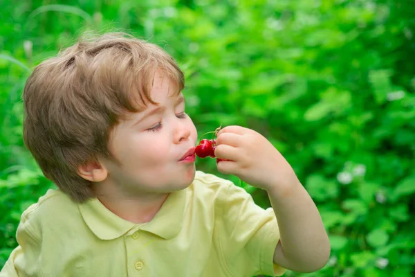 Gourmet. Prazer em saborear. O menino come cerejas e gosta. A comida mais saborosa. Criança no fundo da natureza. Lanche saudável com vitaminas . — Fotografia de Stock