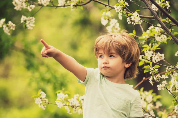 Niño en un fondo de naturaleza primaveral. Pequeño cazador. El chico señala algo con el dedo. Hermosa niña mira hacia adelante . — Foto de Stock