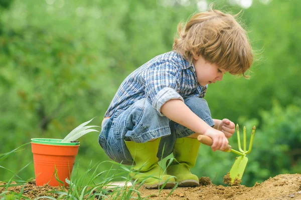 Ökolandbau. das Kind arbeitet mit dem Boden. das Spiel des Bauern. der Junge im Garten. — Stockfoto