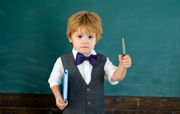 聪明的男孩。 男孩在黑板旁边。 漂亮的小男生 可爱的孩子在学校。 技能和科学. 免版税图库图片