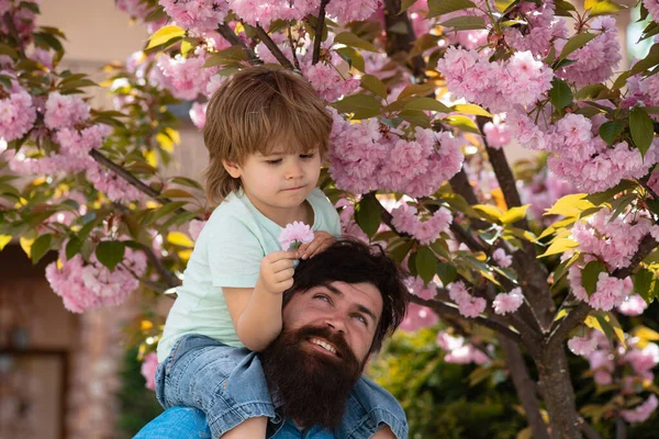 Γιος και πατέρας στον κήπο. Όμορφη οικογενειακή φωτογραφία με λουλούδια. Οικογενειακός χρόνος. — Φωτογραφία Αρχείου