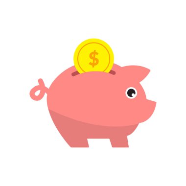 Domuzcuk kumbarası ve düz dizaynlı para. Soyut. Vektör 10