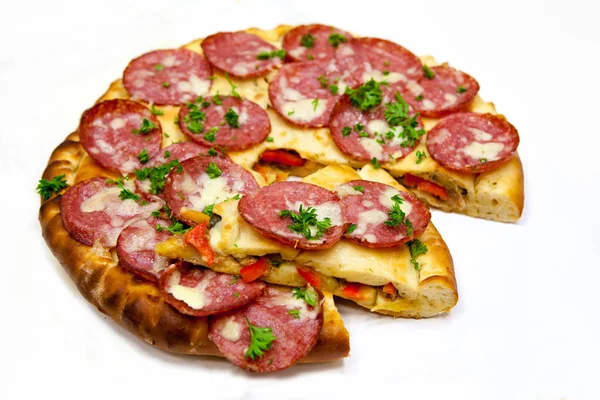 Πίτσα, πεπερόνι, σαλάμι αέρος, τυρί, ζύμη, φαγητό, γρήγορο, — Φωτογραφία Αρχείου